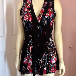 Free people XS Black Floral Wrapped Tunic Blouse Ling top boho Dress